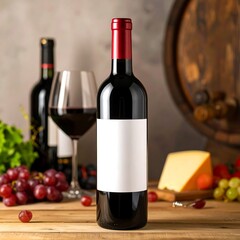 Red wine bottle, glass, grapes, cheese