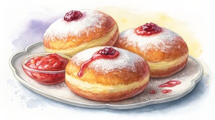 A vibrant, watercolor-style illustration of three jelly-filled donuts topped with powdered sugar and jam on a plate for food blogs, recipe sites, and holiday or bakery advertisements