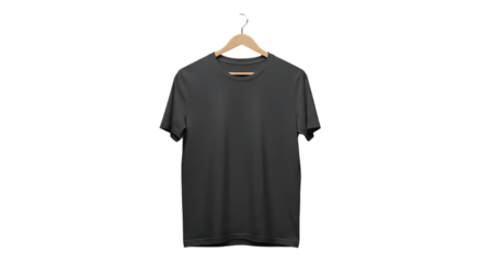 Plain dark charcoal grey t shirt hanging on a wooden hanger against a solid black background studio shot