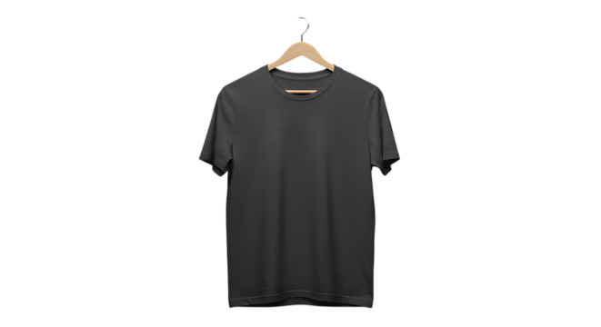 Plain dark charcoal grey t shirt hanging on a wooden hanger against a solid black background studio shot