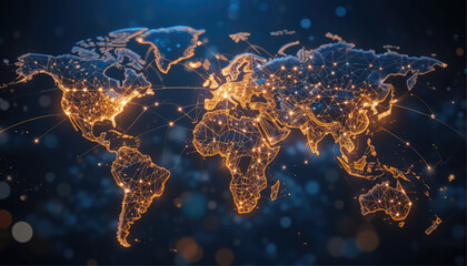 Global map with glowing network lines.