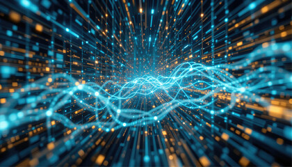 Futuristic data streams flowing through a digital grid.