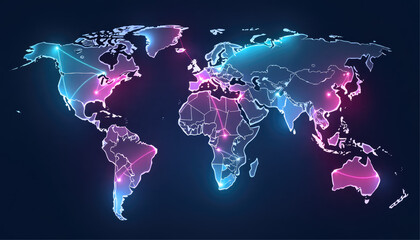 World map with light effect on blue background