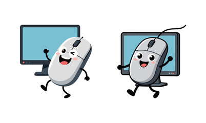 Two cute cartoon computer mouse characters, winking and waving next to a monitor screen.