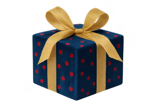 Blue gift box with gold ribbon and red dots on transparent background