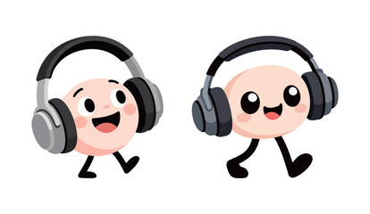 Two cute cartoon characters wearing headphones and smiling happily, showing their love for music.