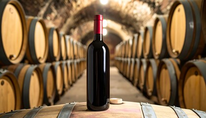 Red wine bottle in wine cellar