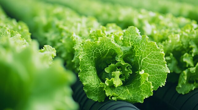Close up macro of glowing nutrient solution pipes beneath Vertical Farming LED Hydroponics lettuce rows.