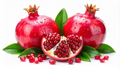 Ripe pomegranate fruits with pomegranate leaves on the white background.Ripe pomegranate fruits water drop
