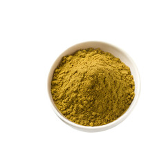 White bowl filled with yellow-green spice powder on black background yellow powder green powder