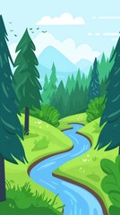 Fototapeta premium Scenic view of a winding river surrounded by trees and mountains in a bright landscape illustration.
