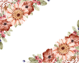 Corner floral watercolor frame with peonies, sunflowers, and autumn flowers in warm tones. Perfect for stationery, invitations, posters, and seasonal branding. Part of golden hour set.