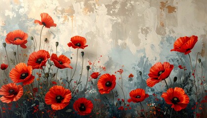 Obraz premium Blooming red poppies on a grassy field in the summer sun, a beautiful floral design