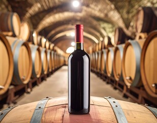 Red wine bottle on wooden barrel in wine cellar