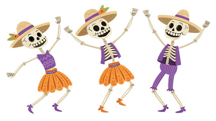 Three cartoon skeletons dressed in colorful outfits dancing on a transparent background cheerfully