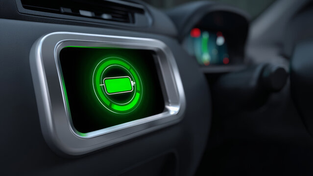 Electric vehicle dashboard display shows battery charge level in green light as automakers push ev sales before tax credit expires