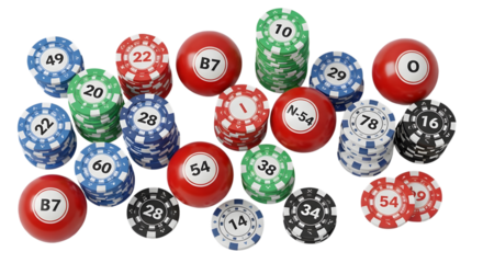 bingo balls and chips isolated on transparent background