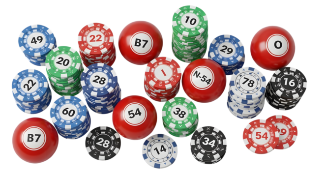 bingo balls and chips isolated on transparent background
