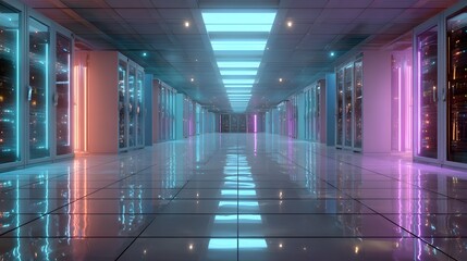 Fototapeta premium Futuristic Data Center with Neon Lights and Reflective Floors