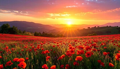 Golden hour sunset illuminates a rural meadow of red poppies under a vast blue sky