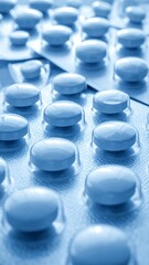 Close-up of light blue pills in blister packs