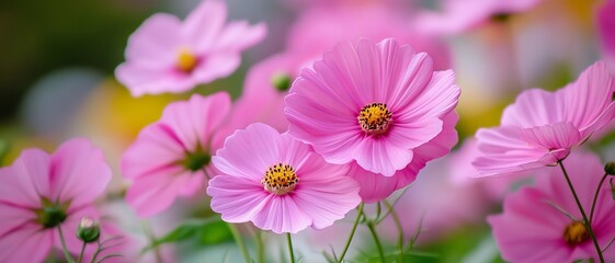 Obraz premium Close-up of vibrant pink cosmos flowers in a garden setting