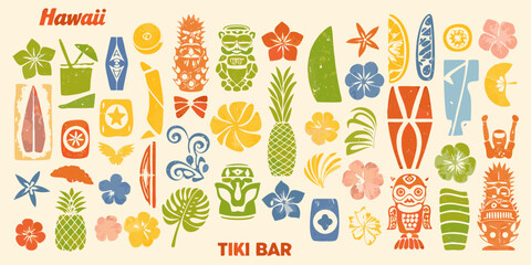 Vibrant hawaiian tiki bar illustration with tropical elements and polynesian art