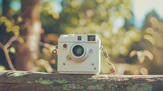 white instant polaroid camera place on the fence - Powered by Adobe