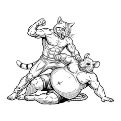 Black and white illustration of a muscular anthropomorphic cat and rat in an intense boxing or MMA-style fight. 