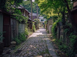 Fototapeta premium Cobblestone alleyway lined with traditional Japanese houses. Lush greenery surrounds the path