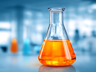Colorful Orange Liquid in a Glass Flask Situated in a Laboratory Environment With Blurred Background Details