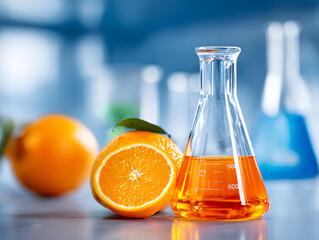 Bright Orange Liquid in a Laboratory Flask Next to a Fresh Orange With Blurred Flasks in the Background