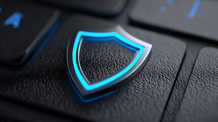 Close-up View of a Sleek Shield Icon Backlit on a Laptop Keyboard Symbolizing Cybersecurity Protection and Digital Safety