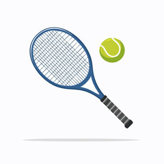 A blue tennis racket and a green tennis ball are isolated on white background.