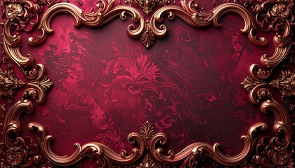 Luxurious antique gold frame with intricate rococo scrollwork on a rich red damask background, a classic and elegant design border