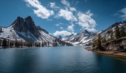Cathedral landscape back side in spooky mountain range with lake, snow-covered mountains under blue sky and white clouds creating dramatic natural scenery