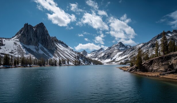 Cathedral landscape back side in spooky mountain range with lake, snow-covered mountains under blue sky and white clouds creating dramatic natural scenery