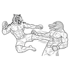 Black and white illustration of an intense martial arts battle between two anthropomorphic fighters — one with a tiger head and one with a crocodile head — both with muscular human bodies.