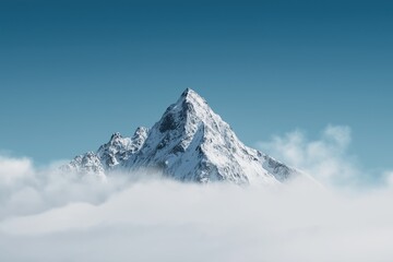 Snowy mountain peak in clouds with simple clean background minimalist style and sky blue color scheme creating serene natural landscape