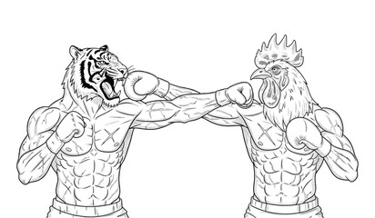 Black and white illustration of an intense boxing match between two anthropomorphic fighters — a muscular tiger and a muscular rooster — both with human-like bodies, wearing boxing gloves and shorts. 