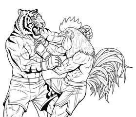 Black and white illustration of an intense boxing match between two anthropomorphic fighters — a muscular tiger and a muscular rooster — both with human-like bodies, wearing boxing gloves and shorts. 