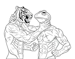 Black and white illustration of an anthropomorphic tiger and crocodile in an intense martial arts fight. The muscular tiger delivers a powerful flying kick to the crocodile’s jaw
