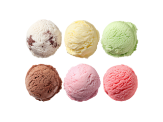 Six colorful ice cream scoops arranged in two rows on black vanilla chocolate, Isolated, Png Transparent Background