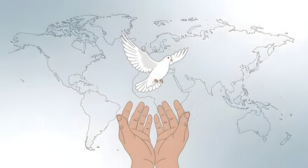 Hands releasing a white dove symbolizing peace and hope across the world