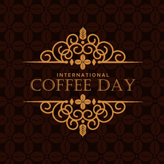 Stylish International Coffee Day illustration with coffee bean texture background and batik pattern. Best for flyer, background, promos, greeting, poster and printing
