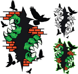 Monster Claws Breaking Brick Wall Vector Illustration