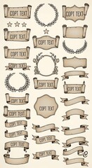 Vintage-style design elements featuring scrolls, ribbons, and wreaths in a muted, warm tone.
