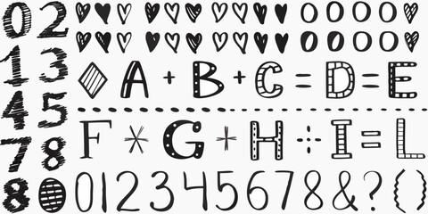 Hand drawn doodle alphabet letters numbers and symbols with hearts and dots on white background