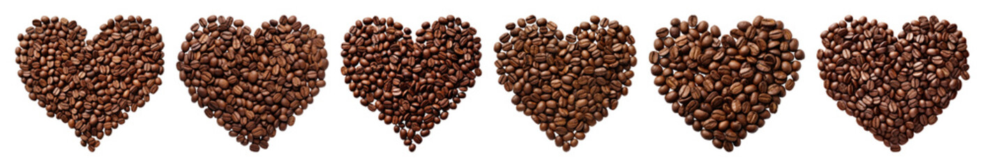 Obraz premium PNG Six heart shapes made of coffee beans in a row element set on transparent background.