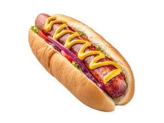 Delicious hotdog with mustard and fresh toppings sausage ketchup, Isolated, Png Transparent Background
